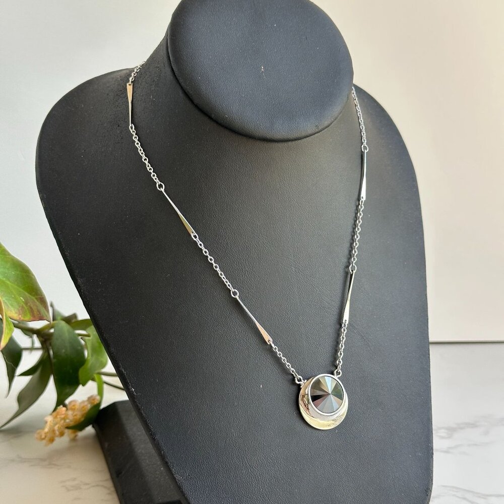 Sarah Coventry Silver Tone Necklace with Faceted Hematite Pendant Modernist Desi